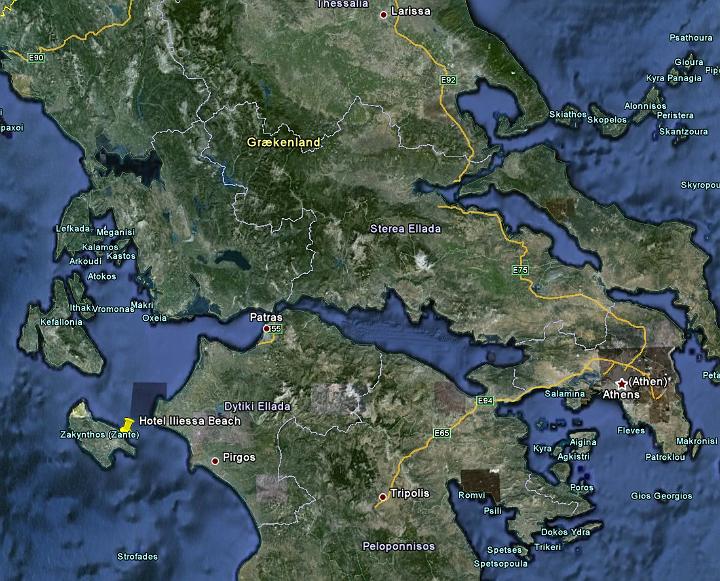 001a.jpg - Hvor tæt det er på, kan man måske bedre se her, det er Zakynthos med den gule kortnål til venstre på kortet og helt ovre til højre ligger Athen